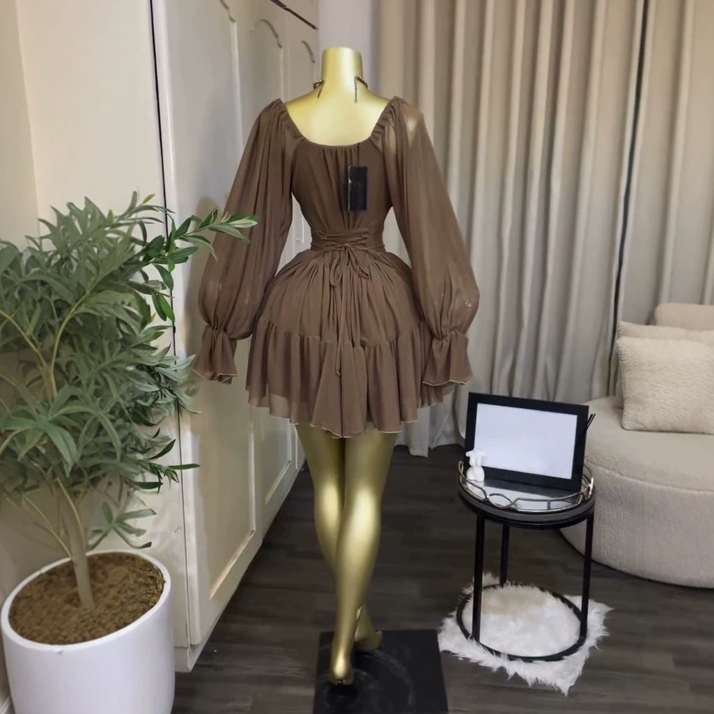 elegant ruched lace-up lantern sleeve pleated short dress