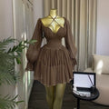 elegant ruched lace-up lantern sleeve pleated short dress
